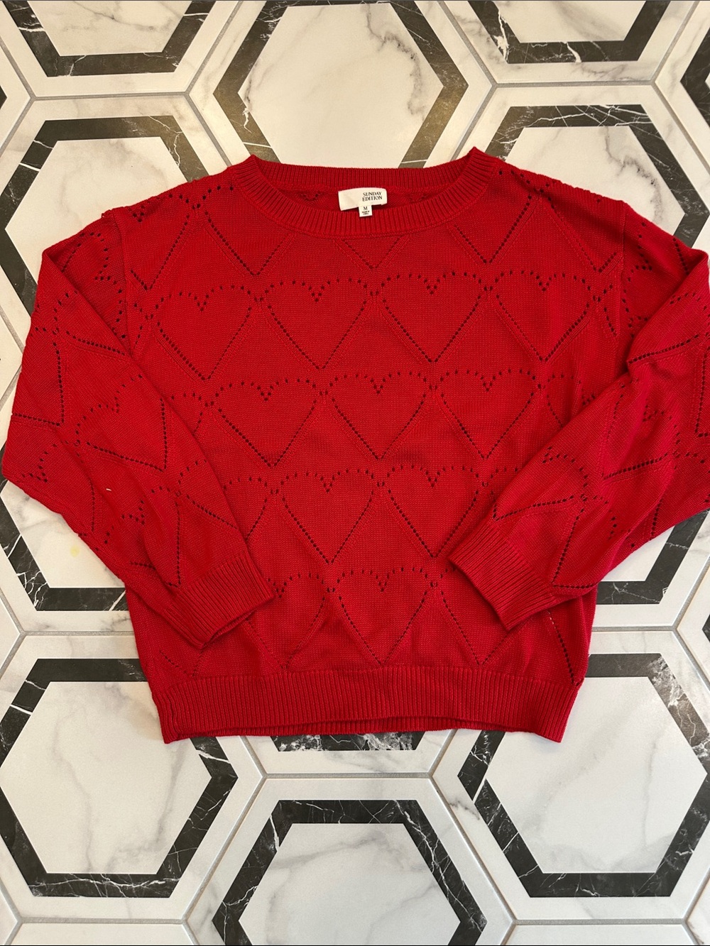 Classic Red Heart Pointelle Crewneck Sweater - Women's